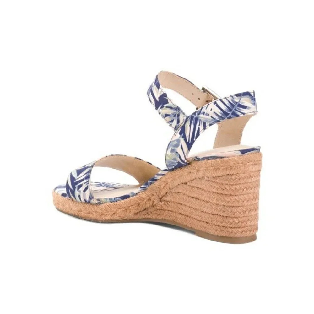 Lifestride Womens Blue Tan Floral Open Toe Ankle Strap Wedge Sandals Sz 9 New